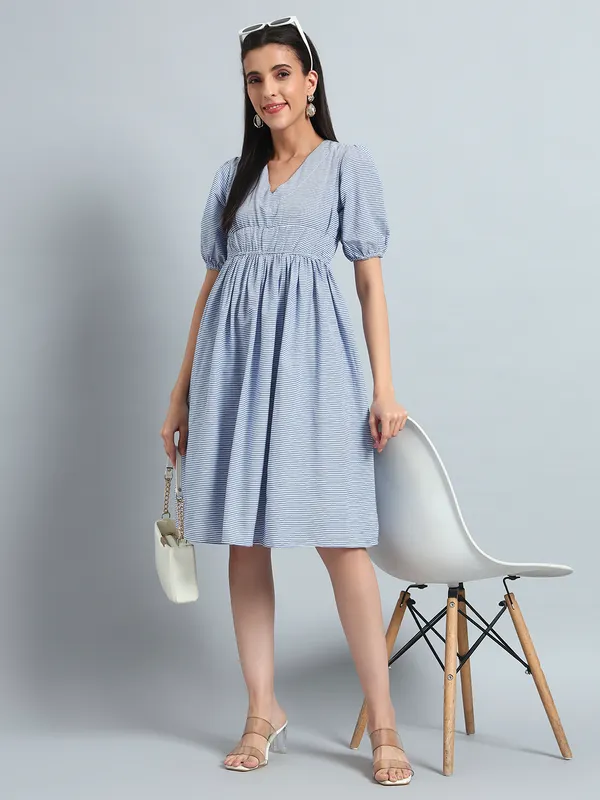 VALUE_CREATION_Striped_Puff_Sleeve_Fit_&_Flare_Dress