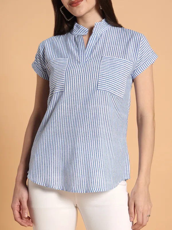 VALUE_CREATION_Striped_Mandarin_Collar_Cotton_Shirt_Style_Top