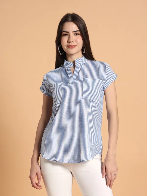 VALUE_CREATION_Striped_Mandarin_Collar_Cotton_Shirt_Style_Top