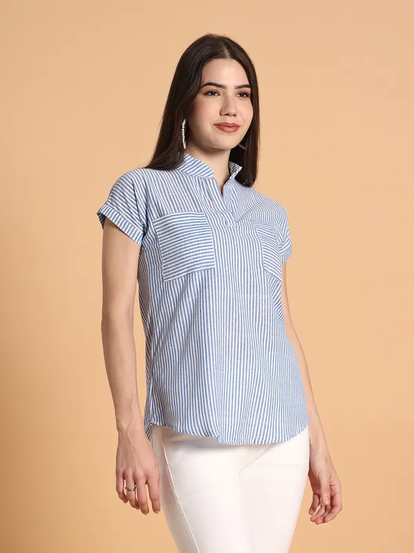 VALUE_CREATION_Striped_Mandarin_Collar_Cotton_Shirt_Style_Top