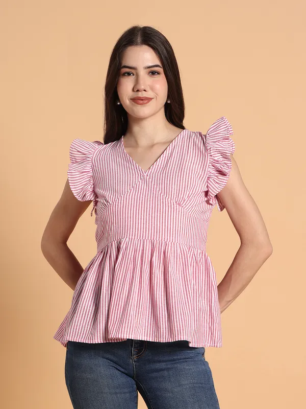VALUE_CREATION_Striped_Ruffles_Cotton_Blend_Peplum_Top