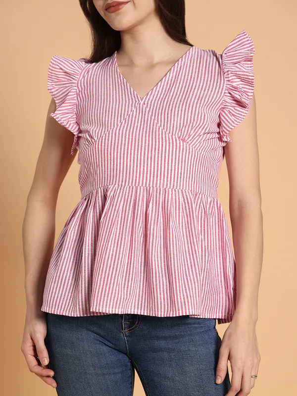 VALUE_CREATION_Striped_Ruffles_Cotton_Blend_Peplum_Top