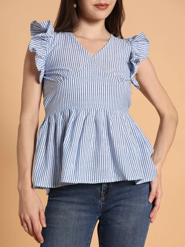 VALUE_CREATION_Striped_Ruffles_Cotton_Blend_Peplum_Top