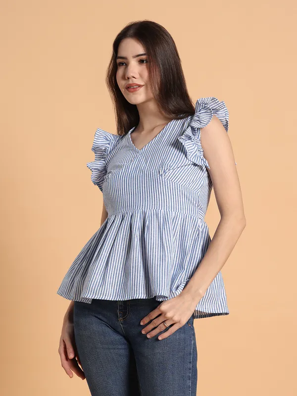 VALUE_CREATION_Striped_Ruffles_Cotton_Blend_Peplum_Top