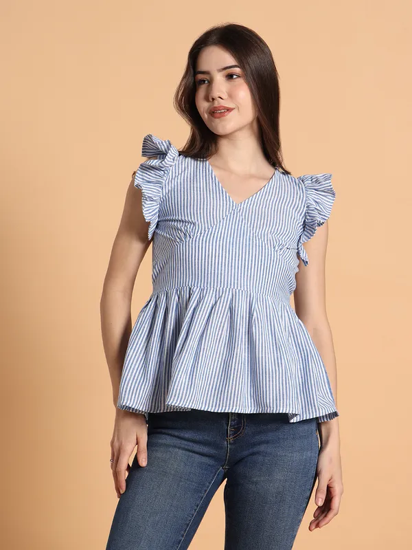 VALUE_CREATION_Striped_Ruffles_Cotton_Blend_Peplum_Top