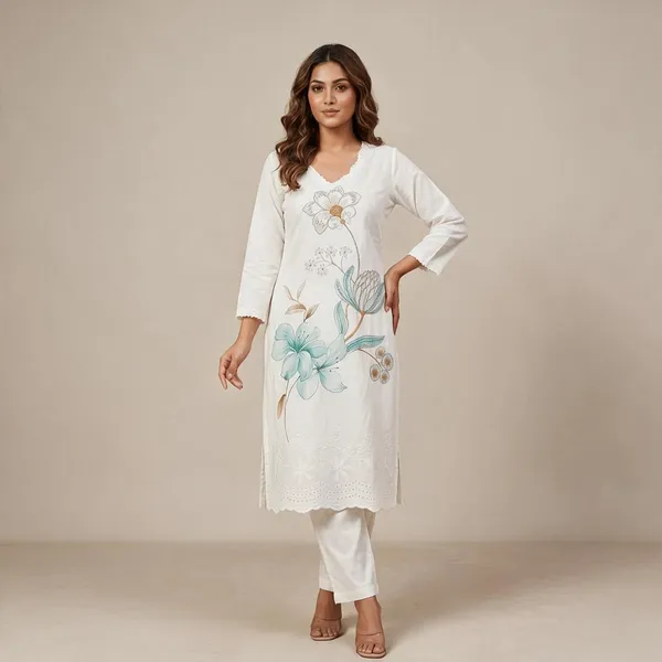 White_Floral_Straight_Kurta_Set_For_Women