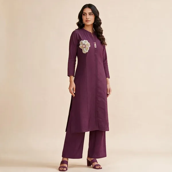 Wine_Straight_Fit_Kurta_Pant_Set_For_Women