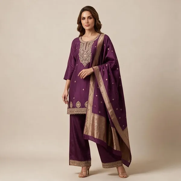 Wine_Embroidered_Straight_Kurta_Pant_Dupatta_Set_For_Women