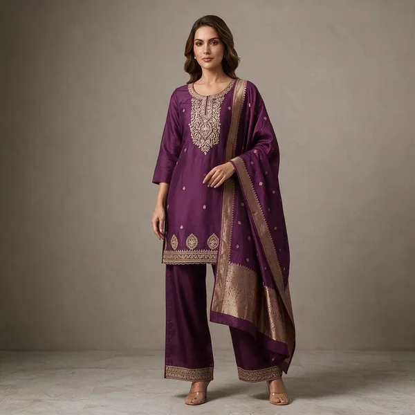 Wine_Embroidered_Straight_Kurta_Pant_Dupatta_Set_For_Women