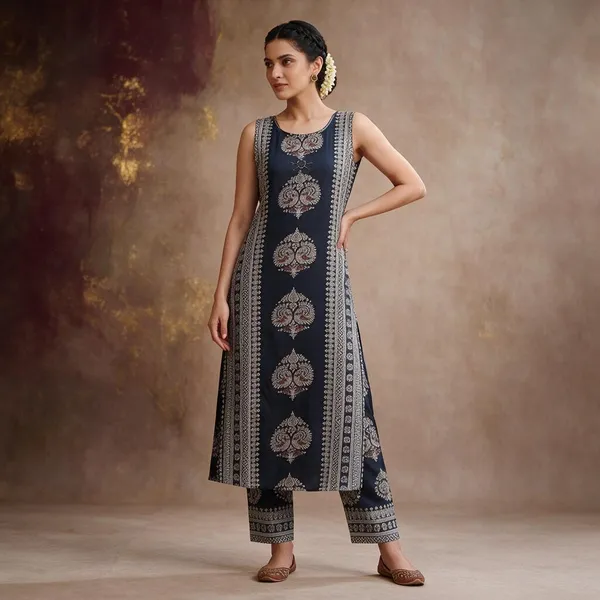 Navy_Printed_Sleeveless_Kurta_Set_For_Women