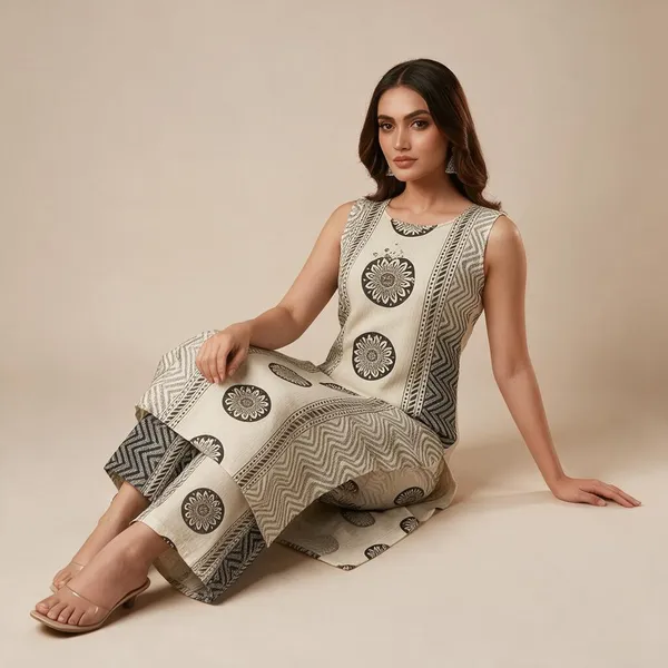 Cream_Printed_Sleeveless_Kurta_Set_For_Women