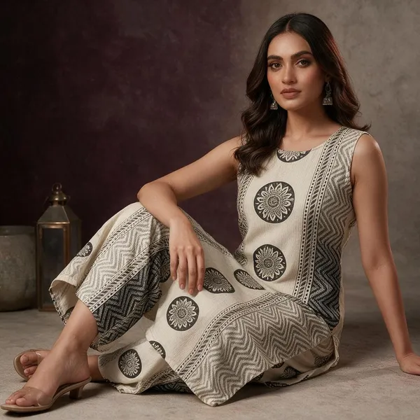 Cream_Printed_Sleeveless_Kurta_Set_For_Women