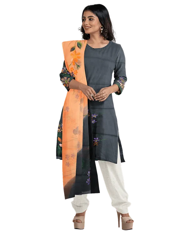 Grey_And_Orange_Cotton_Premium_And_Elegant_Kurta_Set_For_Women
