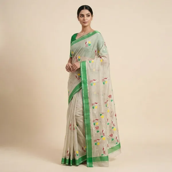 White_And_Green_Cotton_Premium_And_Elegant_Saree_For_Women