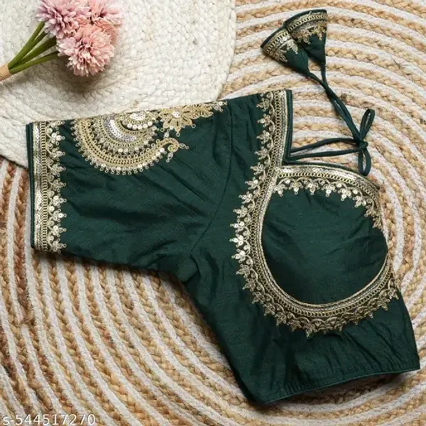 Dark_Green_Embroidered_Blouse_With_Golden_Lace_Detailing