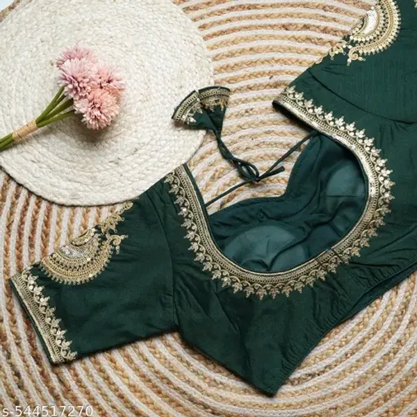 Dark_Green_Embroidered_Blouse_With_Golden_Lace_Detailing