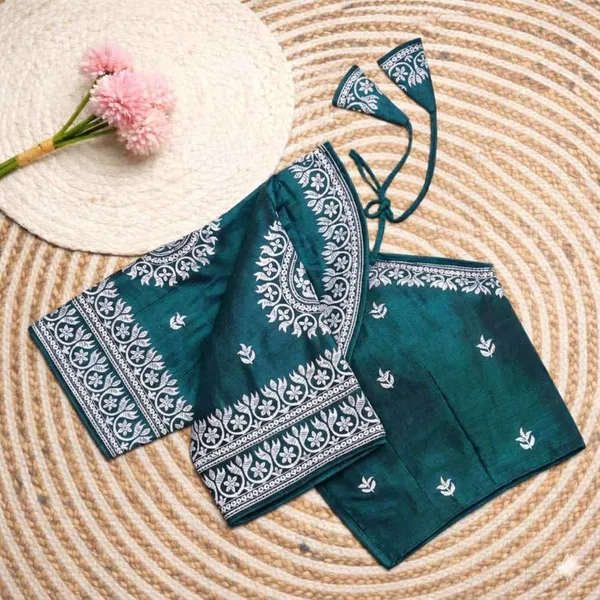 Teal_Blue_Embroidered_Unstitched_Blouse_Piece_With_Traditional_Border_Work