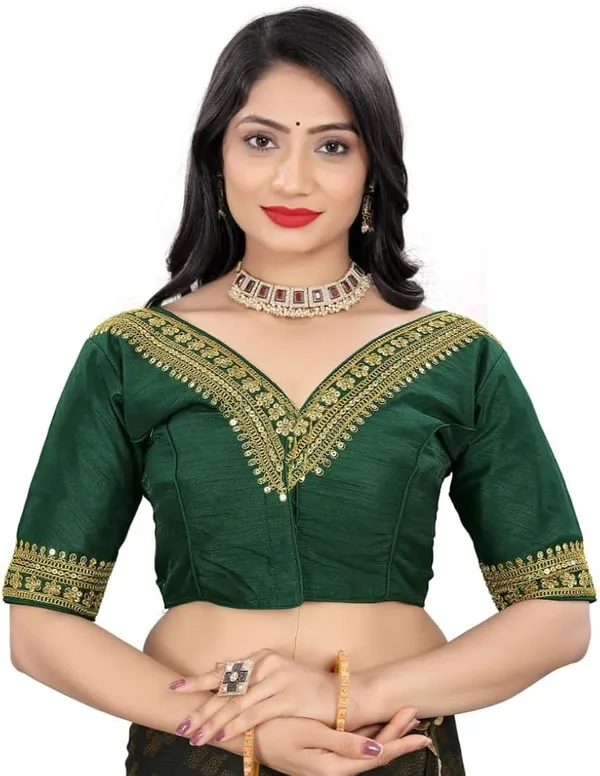Dark_Green_Embellished_Saree_Blouse_With_Golden_Lace_Work