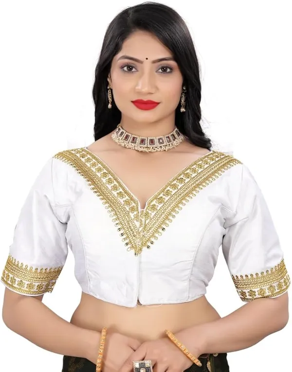 White_Saree_Blouse_With_Golden_V-Neck_Embroidery_And_Sleeve_Border