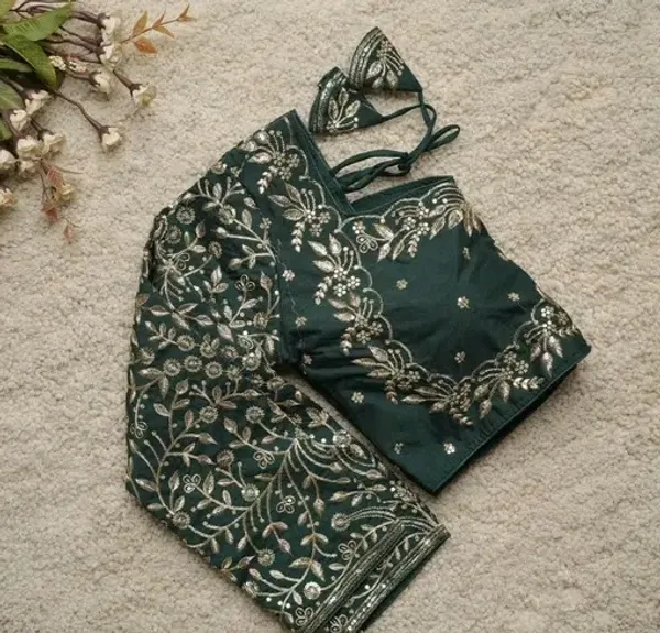 Dark_Green_Embroidered_Blouse_With_Floral_Silver_Detailing