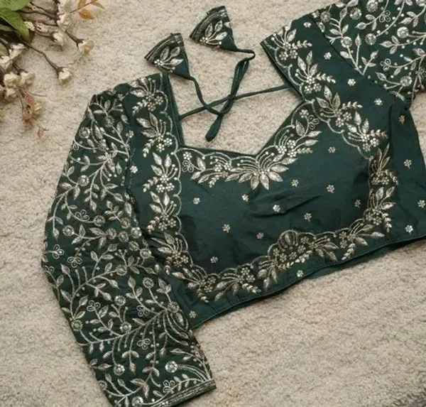 Dark_Green_Embroidered_Blouse_With_Floral_Silver_Detailing