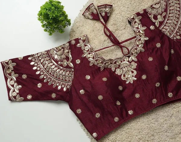 Maroon_Embroidered_Readymade_Saree_Blouse_With_Floral_Motifs