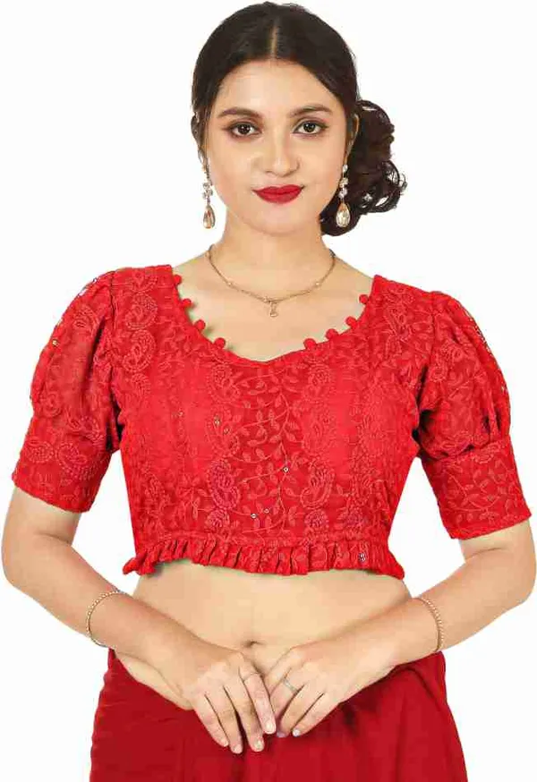 Red_Embroidered_Lace_Blouse_With_Puff_Sleeves_And_Ruffle_Hem