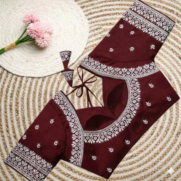 Maroon_Embroidered_Blouse_Piece_With_Silver_Threadwork