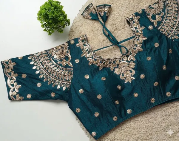 Teal_Blue_Embroidered_Saree_Blouse_With_Floral_Zari_Work