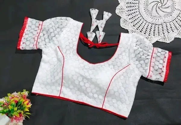 White_Sequin_Embroidered_Saree_Blouse_With_Red_Piping