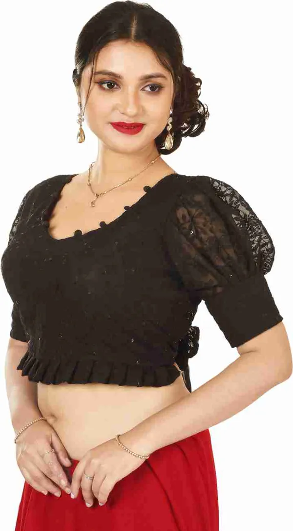 Black_Embellished_Net_Sleeve_Saree_Blouse_With_Pom-Pom_Trim