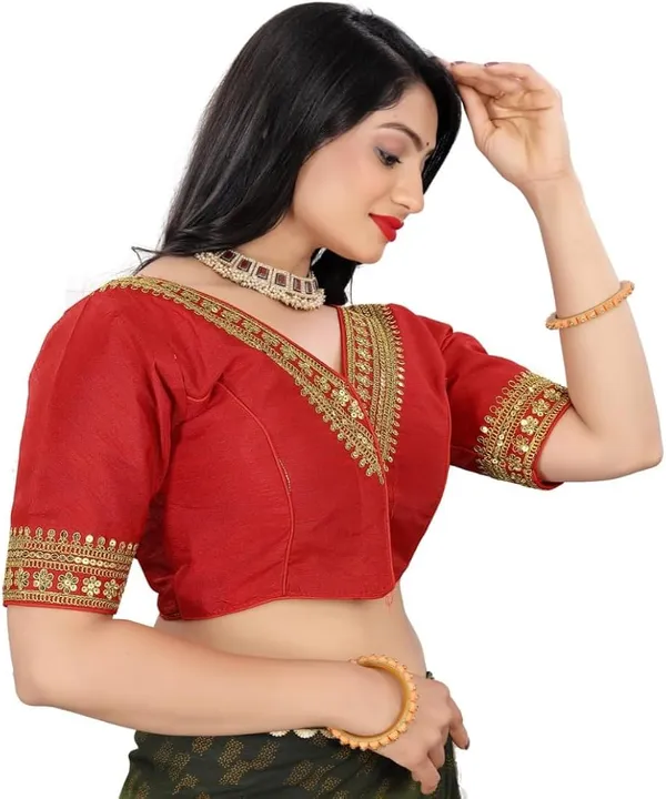 Red_Embellished_V-Neck_Blouse_With_Gold_Detailing