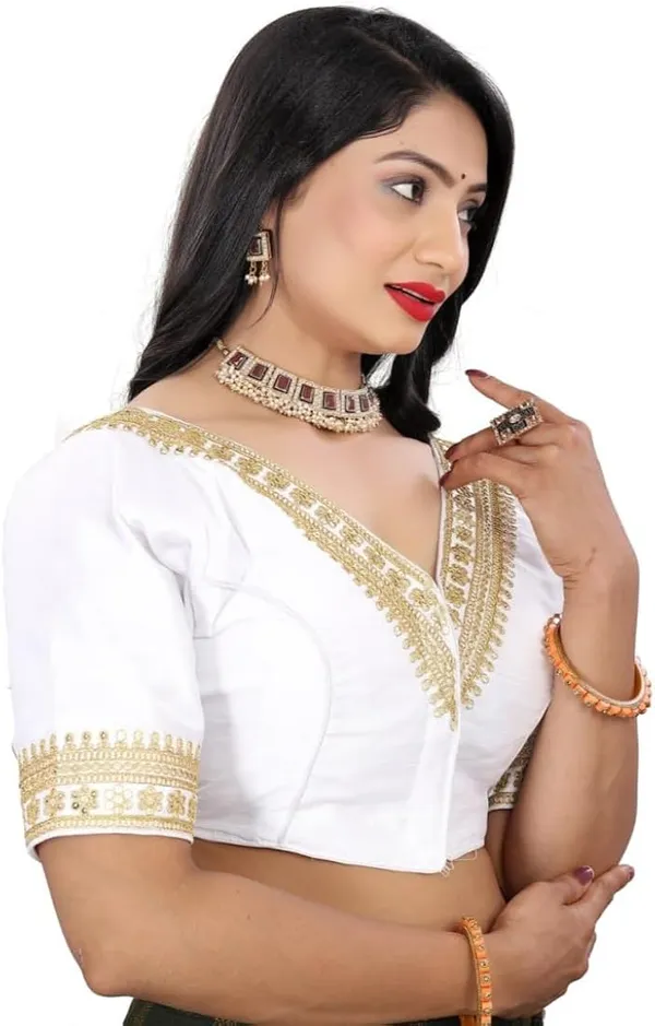 White_Saree_Blouse_With_Golden_V-Neck_Embroidery_And_Sleeve_Border