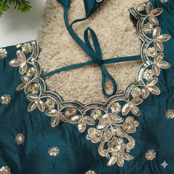 Teal_Blue_Embroidered_Saree_Blouse_With_Floral_Zari_Work