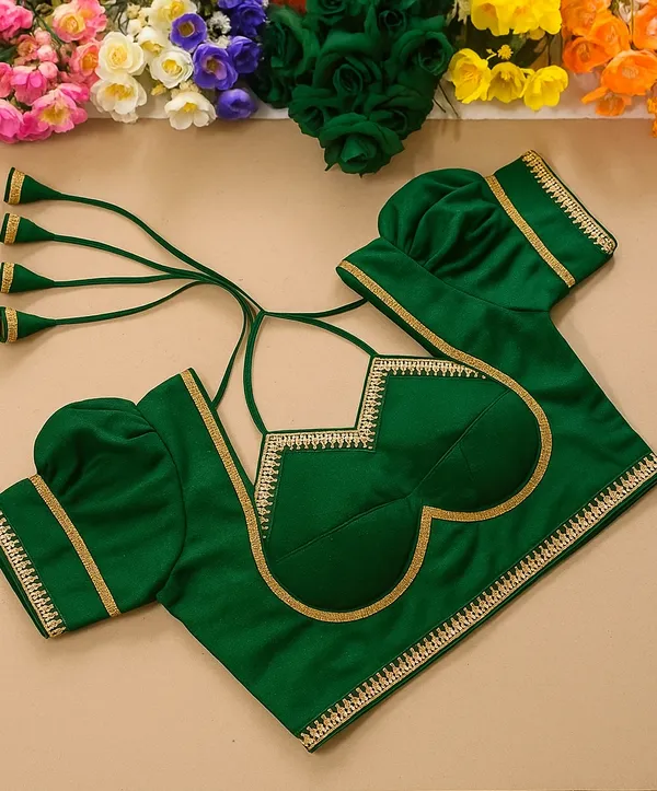 Green_Saree_Blouse_With_Gold_Embroidered_Detailing_And_Strappy_Back_Design