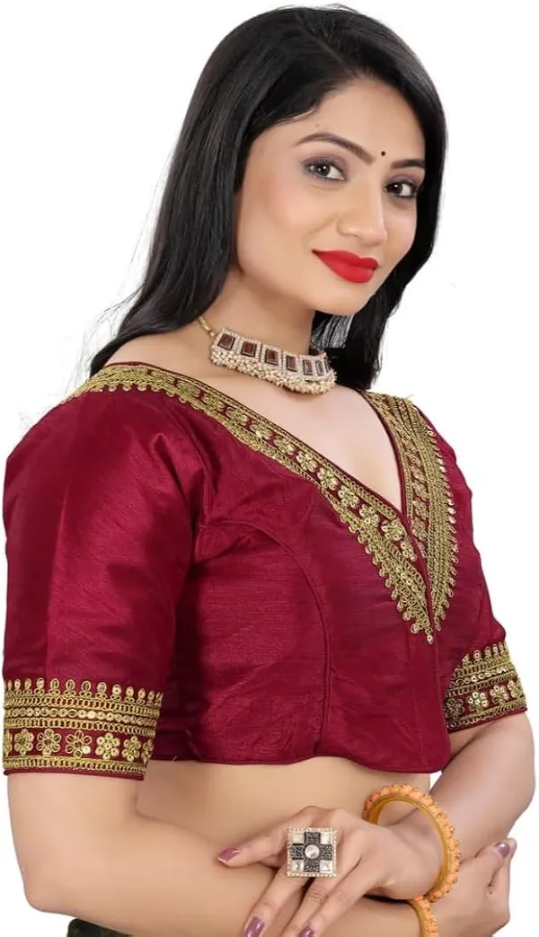 Maroon_Embroidered_V-Neck_Saree_Blouse_With_Golden_Zari_Work
