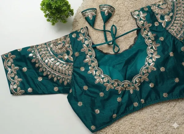 Teal_Blue_Embroidered_Saree_Blouse_With_Floral_Zari_Work