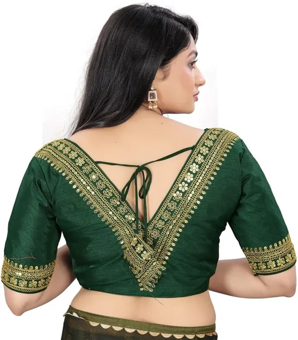 Dark_Green_Embellished_Saree_Blouse_With_Golden_Lace_Work