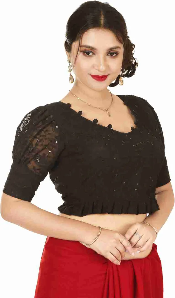 Black_Embellished_Net_Sleeve_Saree_Blouse_With_Pom-Pom_Trim