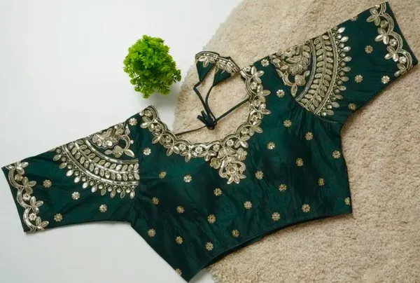 Bottle_Green_Embroidered_Blouse_With_Golden_Floral_Zari_Work