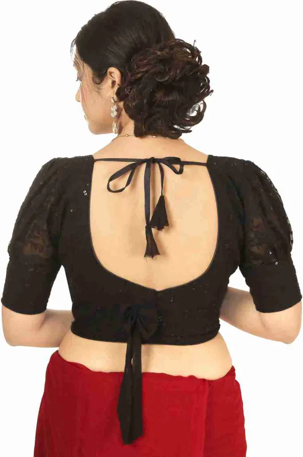 Black_Embellished_Net_Sleeve_Saree_Blouse_With_Pom-Pom_Trim