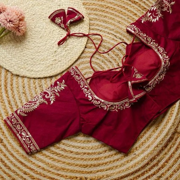 Maroon_Embroidered_Blouse_With_Backless_Design_And_Tassel_Ties