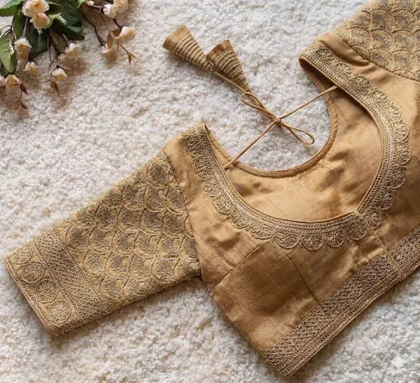 Golden_Beige_Embroidered_Silk_Blend_Blouse_With_Lace_Border