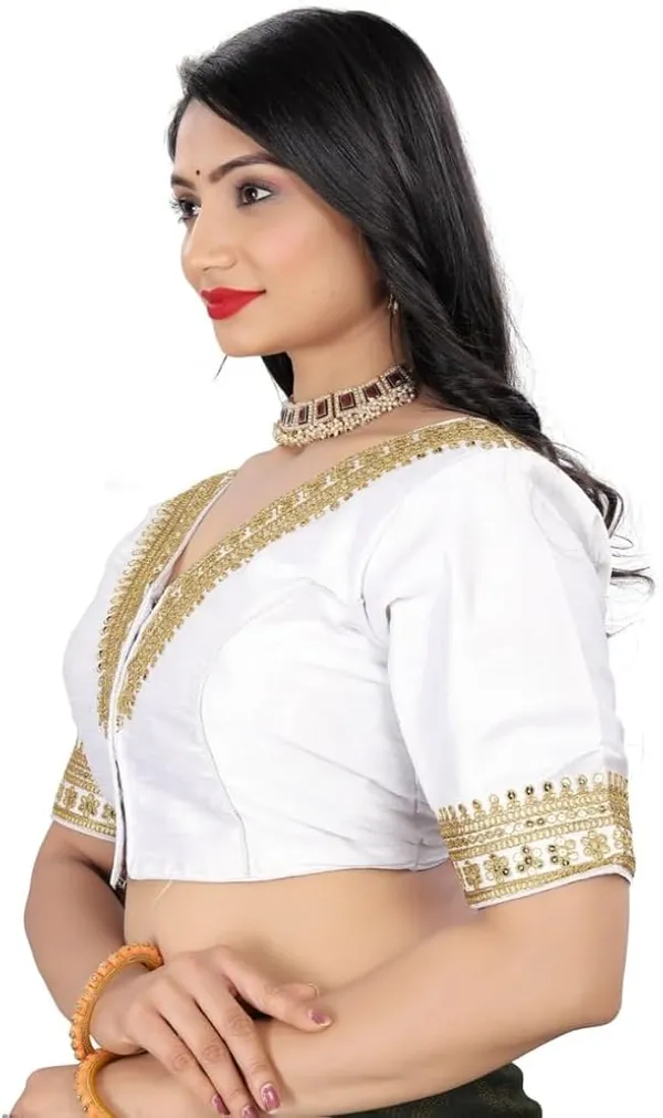 White_Saree_Blouse_With_Golden_V-Neck_Embroidery_And_Sleeve_Border