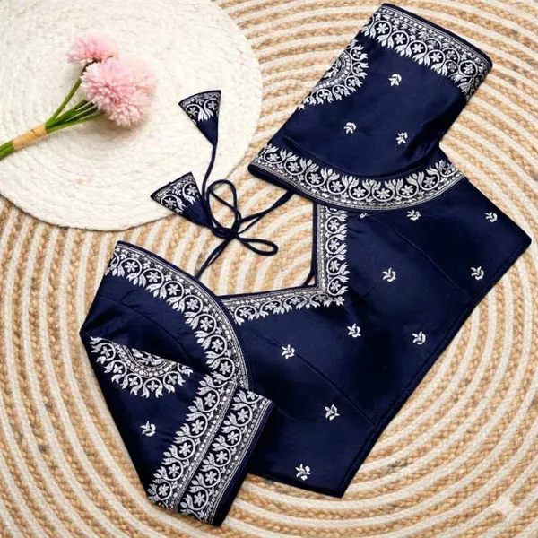 Navy_Blue_Embroidered_Readymade_Saree_Blouse_With_Tie-Up_Back