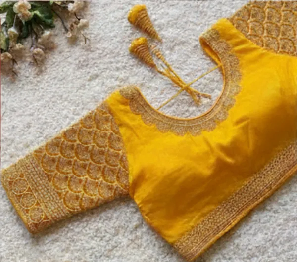 Yellow_Golden_Embroidered_Silk_Blouse_With_Tassel_Tie-Up