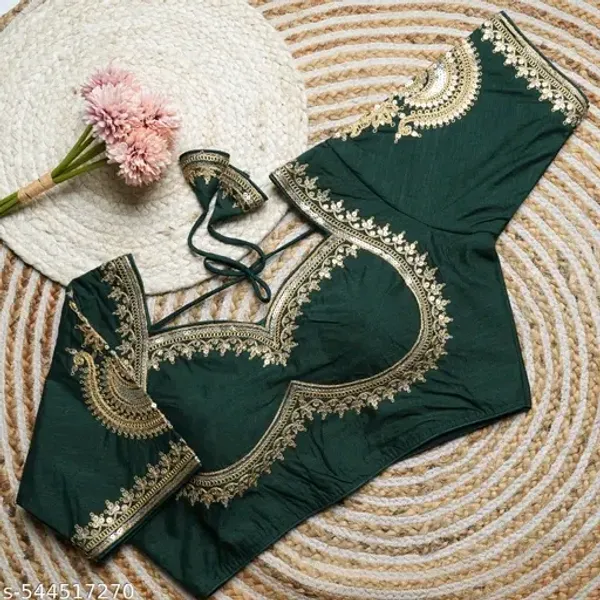 Dark_Green_Embroidered_Blouse_With_Golden_Lace_Detailing