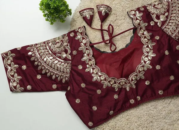 Maroon_Embroidered_Readymade_Saree_Blouse_With_Floral_Motifs