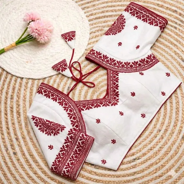 White_Unstitched_Blouse_Piece_With_Maroon_Embroidery_Border