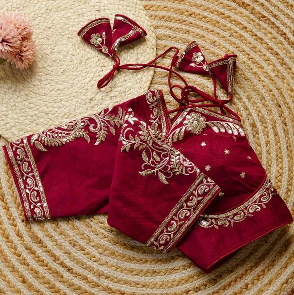Maroon_Embroidered_Blouse_With_Backless_Design_And_Tassel_Ties